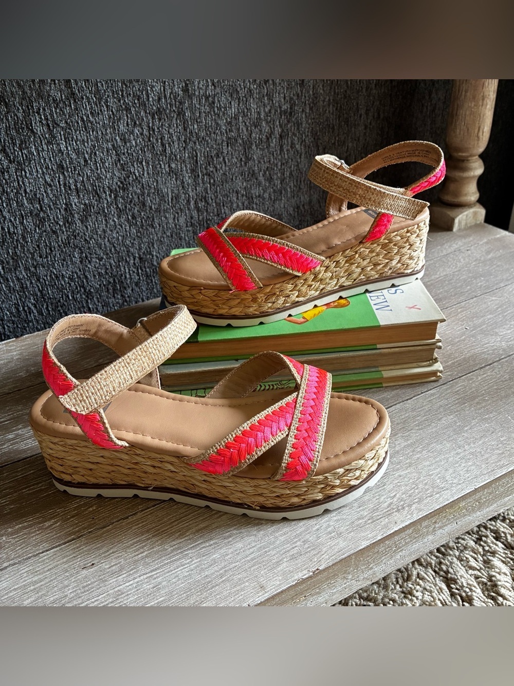 DV by Dolce Vita Girls Neon Pink and Tan Espadrille Wedge Sandals
